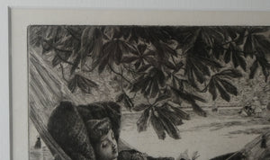 French Art: James TISSOT (1836 - 1902). The Hammock or Le Hamac (1880). Etching and Drypoint. Framed