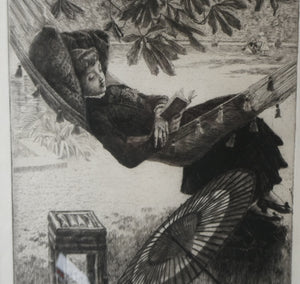 French Art: James TISSOT (1836 - 1902). The Hammock or Le Hamac (1880). Etching and Drypoint. Framed