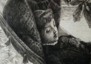 French Art: James TISSOT (1836 - 1902). The Hammock or Le Hamac (1880). Etching and Drypoint. Framed