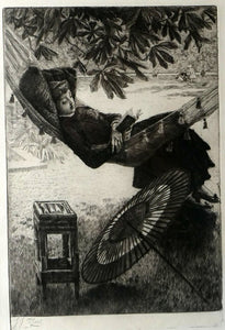 French Art: James TISSOT (1836 - 1902). The Hammock or Le Hamac (1880). Etching and Drypoint. Framed