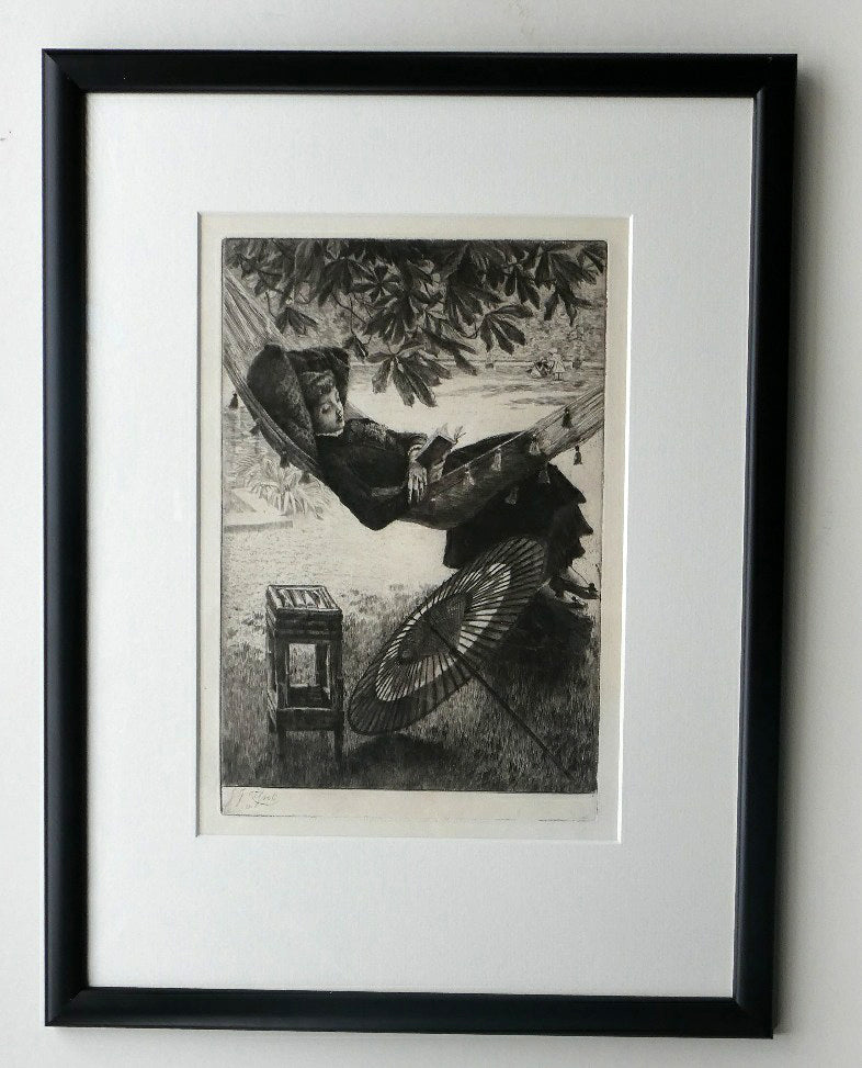 French Art: James TISSOT (1836 - 1902). The Hammock or Le Hamac (1880). Etching and Drypoint. Framed