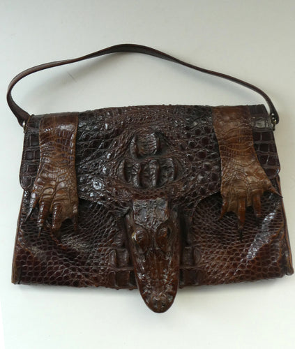 1940s / 1950s Vintage Genuine Hornback Alligator Handbag with Head and Legs