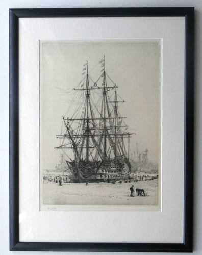 William Lionel Wyllie (1851 – 1931) HMS Victory in Portsmouth Dockyard. Pencil Signed Etching