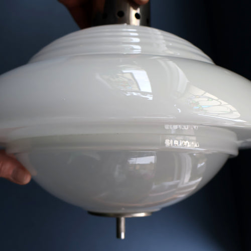 ART DECO 1940s GERMAN Siemens White Opaque Glass Pendant shade. Original chrome fittings