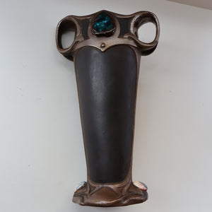 Fabulous LARGE 1900s  Antique BRETBY "Copperette" Art Nouveau Vase with Jewelled Cabochons