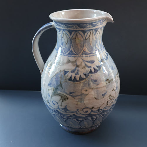 Large Aldermaston Pottery Tin-Glaze Pottery Jug or Pitcher with Hand Painted Hunting Pattern.  Signed by Andrew Hazeldean