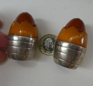 Pair of Vintage 1930s Amber Bakelite and Silver Art Deco Novelty Pepper Pots