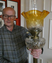 Load image into Gallery viewer, Large Antique VICTORIAN Paraffin or Oil Lamp with Brass Pillar. COMPLETE
