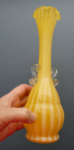 Vintage 1950s Italian / Murano Tall Glass Vase with Pale Yellow and Lemon Stripes. Height 10 inches