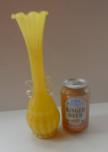 Vintage 1950s Italian / Murano Tall Glass Vase with Pale Yellow and Lemon Stripes. Height 10 inches