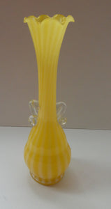 Vintage 1950s Italian / Murano Tall Glass Vase with Pale Yellow and Lemon Stripes. Height 10 inches