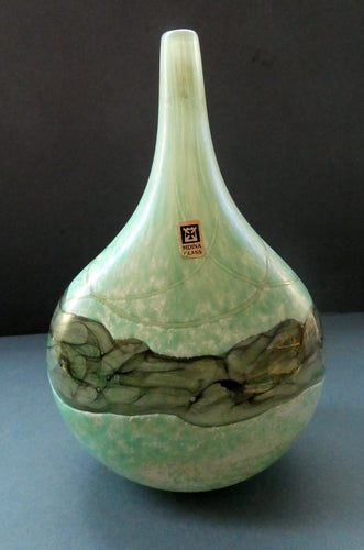 1980s Maltese Mdina Lollipop Vase. Cloudy Opaque Glass with Undulating Grey Band. Height: 8 inches