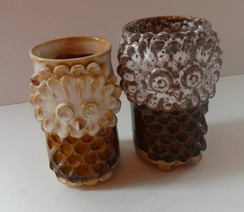 SCOTTISH POTTERY. Pair of Vintage TRAQUAIR Studio Pottery OWL Pots. Both Signed