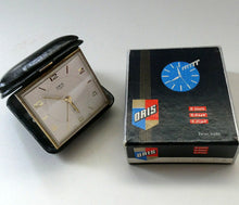 Load image into Gallery viewer, AS NEW: Vintage Early 1960s Black Leather ORIS Swiss Made Travelling Alarm Clock (original box)
