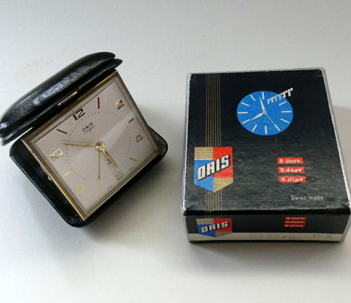 AS NEW: Vintage Early 1960s Black Leather ORIS Swiss Made Travelling Alarm Clock (original box)