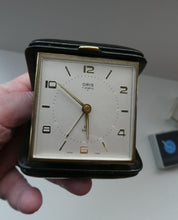 Load image into Gallery viewer, AS NEW: Vintage Early 1960s Black Leather ORIS Swiss Made Travelling Alarm Clock (original box)
