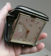 Load image into Gallery viewer, AS NEW: Vintage Early 1960s Black Leather ORIS Swiss Made Travelling Alarm Clock (original box)
