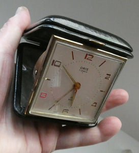 AS NEW: Vintage Early 1960s Black Leather ORIS Swiss Made Travelling Alarm Clock (original box)