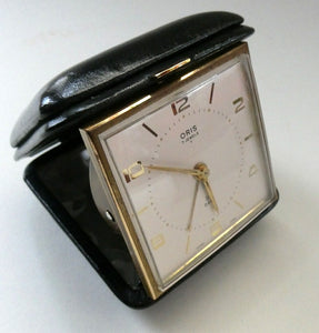 AS NEW: Vintage Early 1960s Black Leather ORIS Swiss Made Travelling Alarm Clock (original box)