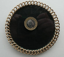 Load image into Gallery viewer, ANTIQUE 1880s Brass Chain Easel Stand Photo Frame. 3 3/4 inches diameter
