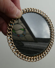 Load image into Gallery viewer, ANTIQUE 1880s Brass Chain Easel Stand Photo Frame. 3 3/4 inches diameter
