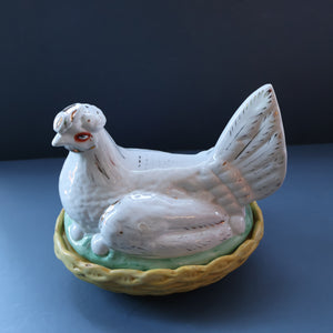 Late 19th Century Antique Victorian WHITE Staffordshire Hen on Yellow Nest