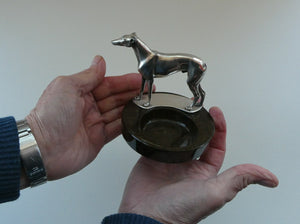  1930s Art Deco Silver Plate Greyhound Sculpture. Mounted on a Coin or Pin Dish