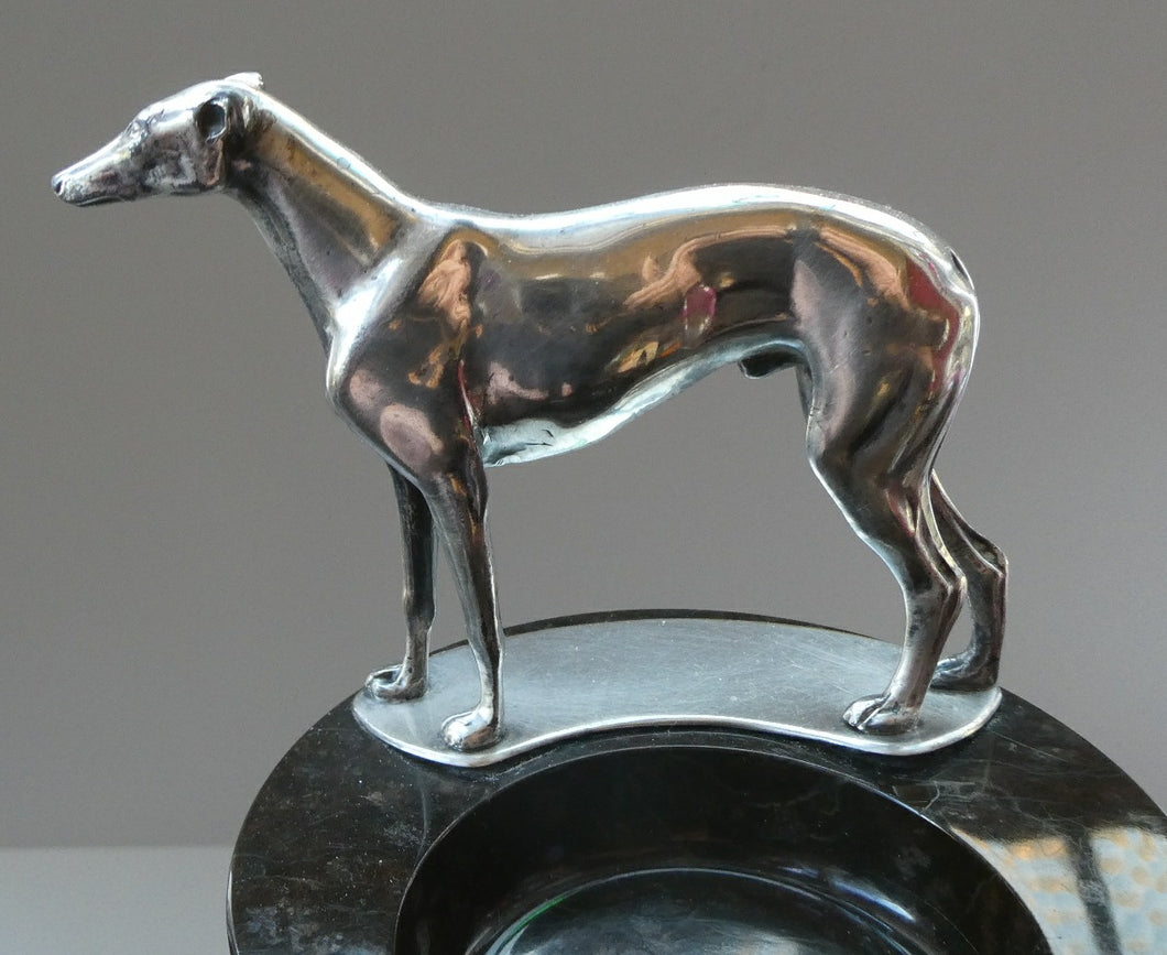  1930s Art Deco Silver Plate Greyhound Sculpture. Mounted on a Coin or Pin Dish