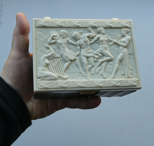 1930s Black and White Early Plastic Art Deco Box. Parade of Greek Figures Dancing and Playing Music