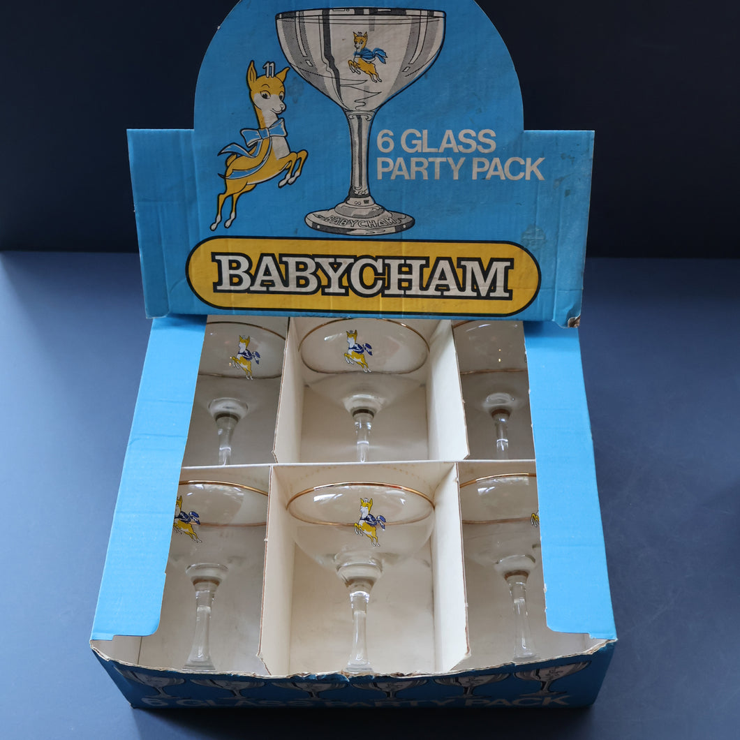 1960s Collectable BOXED SET of Six Babycham Glasses with Yellow Deer Motif