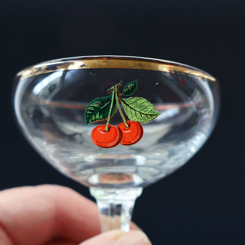 Set of FOUR Vintage Matching 1960s CHERRY B / CHERRY CHARM Coupe or Babycham Shape Glasses - with Red Cherries Motif. FREE POSTAGE