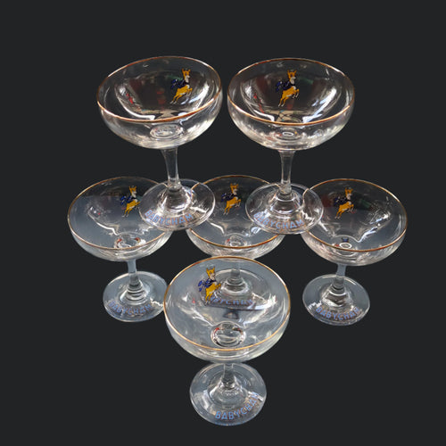 Set of SIX Vintage Matching 1970s BABYCHAM Coupe or Saucer Shape Glasses - with Brighter Yellow Bambi Motif