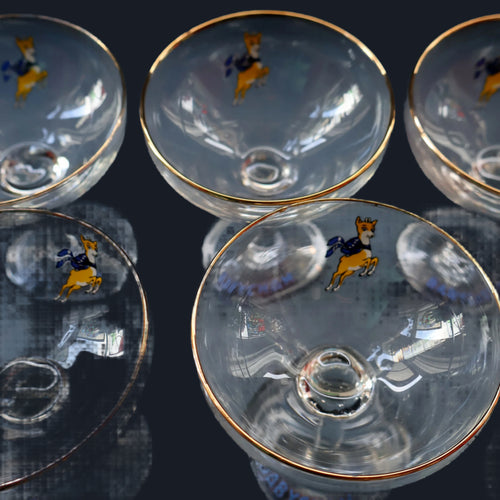 Set of SIX Vintage Matching 1970s BABYCHAM Coupe or Saucer Shape Glasses - with Brighter Yellow Bambi Motif