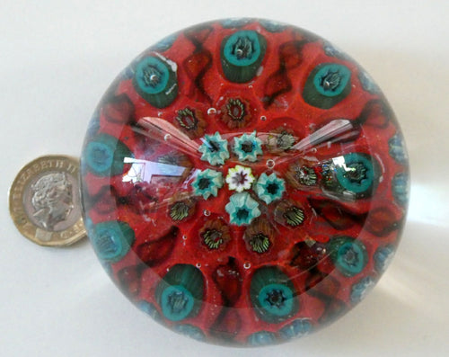 Beautiful 1950s VASART Paperweight with 9 Twisted Spokes; with a red ground