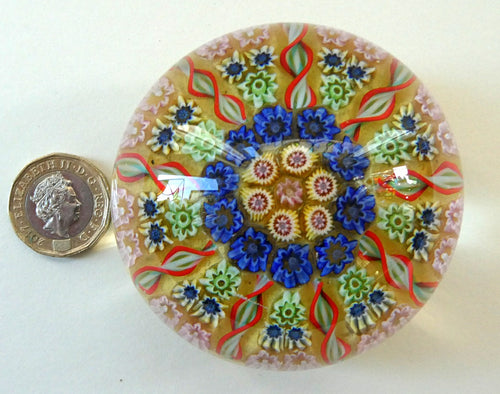 1970s Scottish PERTHSHIRE Paperweight. Pale Yellow Ground. 9 Half Spokes & Millefiori Canes