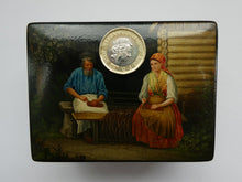 Load image into Gallery viewer, 19th Century Russian Lacquer Box with Painted Lid Showing Couple Making Bast Shoes. Folk Art
