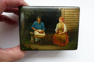 19th Century Russian Lacquer Box with Painted Lid Showing Couple Making Bast Shoes. Folk Art