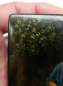 19th Century Russian Lacquer Box with Painted Lid Showing Couple Making Bast Shoes. Folk Art