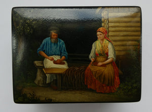 19th Century Russian Lacquer Box with Painted Lid Showing Couple Making Bast Shoes. Folk Art