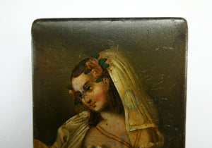 Early 19th Century Antique Snuff Box with Painted Lid Showing a Lady in Fancy Costume