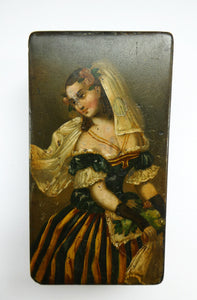 Early 19th Century Antique Snuff Box with Painted Lid Showing a Lady in Fancy Costume