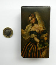 Load image into Gallery viewer, Early 19th Century Antique Snuff Box with Painted Lid Showing a Lady in Fancy Costume
