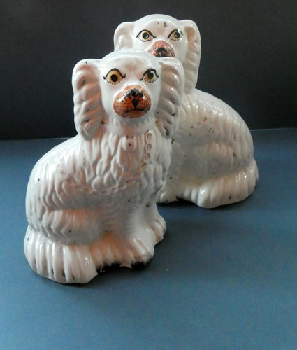 Staffordshire Dogs Chimney Spaniels / Wally Dugs. 8 1/2 inches. ANTIQUE PAIR with painted yellow eyes; c1880