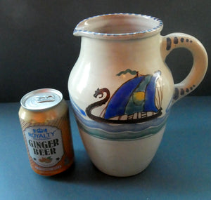 Vintage HONITON POTTERY Stoneware Jug with Hand Painted Viking Galleon Design on Each Side