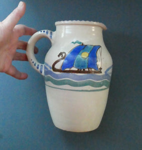 Vintage HONITON POTTERY Stoneware Jug with Hand Painted Viking Galleon Design on Each Side