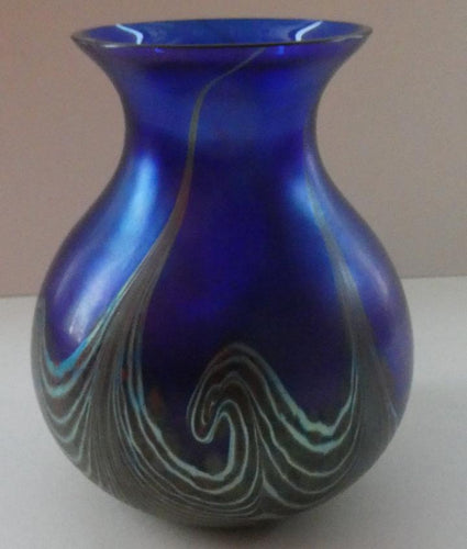 Vintage 1980s OKRA Style Cobalt Blue Glass Vase with Metallic and Red Lustre Swirls