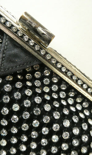 Beautiful Vintage 1950s Black Satin Evening Bag Covered with a Mesh of Crystal Diamante or Rhinestones