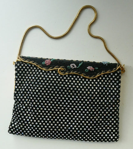 Vintage 1950s Black Satin Evening Bag Covered with a Mesh of Diamante or Crystal Rhinestones. Beaded Clasp