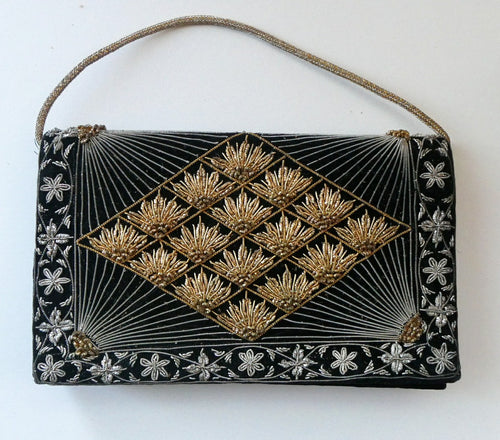 Fine Vintage 1940s Indian ZARDOSI Gold and Silver Embroidered Handbag. Black Velvet Body