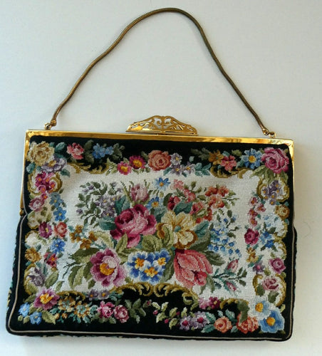 Vintage 1940s PETIT POINT Tapestry Handbag or Evening Bag with Pink Roses Design. Excellent Condition